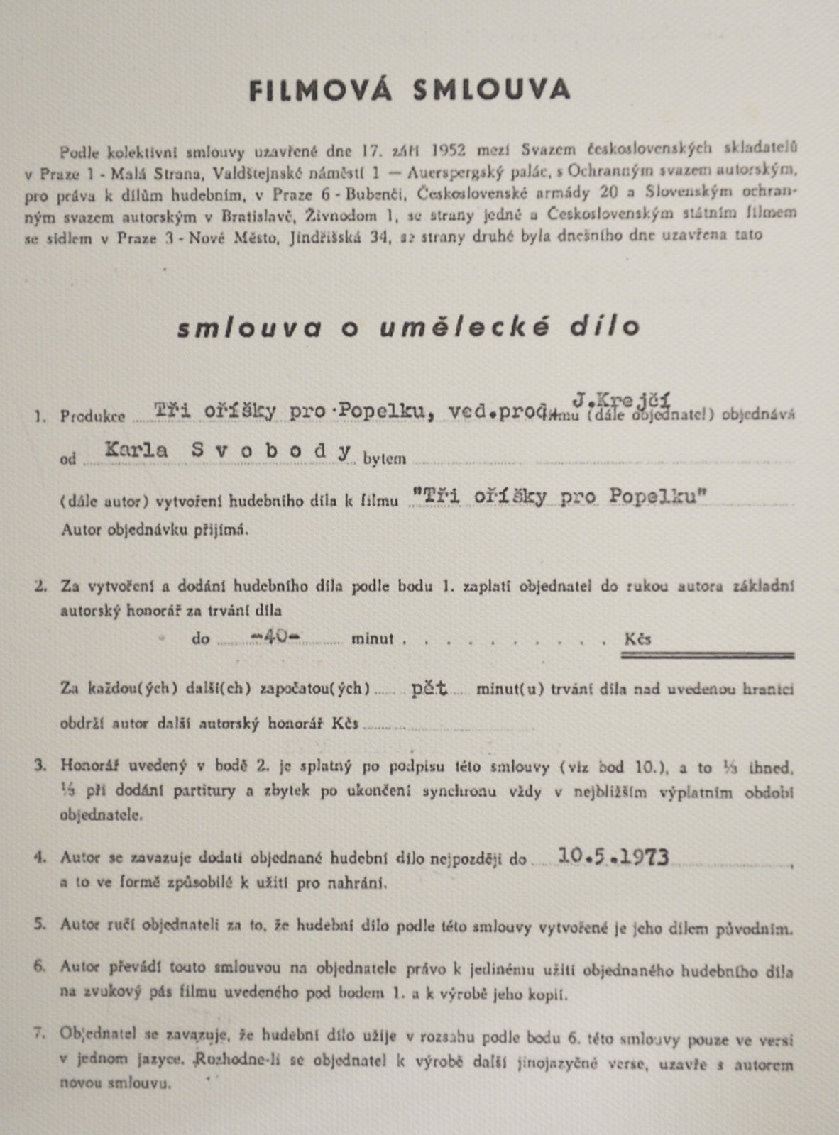 Karel Svoboda a jeho zmluva k Trom orieškom pre Popolušku.